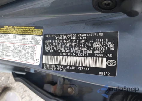 2004 Toyota Camry Le from USA, damaged, VIN 4T1BE32K14U853625